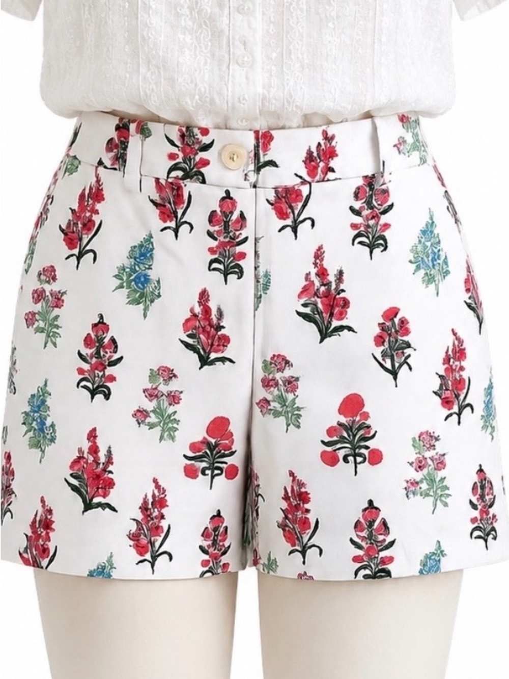 Talbots Women’s Cotton Scalloped Hem Shorts Mid Rise Chino White Floral Size 12P
